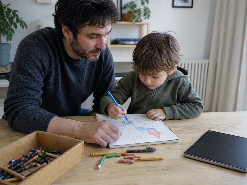 enfant de 3 à 6 ans jouant sans écran avec un parent dans un salon familial
