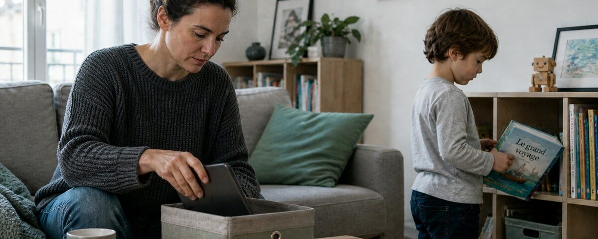 Maman lisant un livre avec son enfant de 4 ans, ambiance lumineuse neutre, palette sage et beige doux