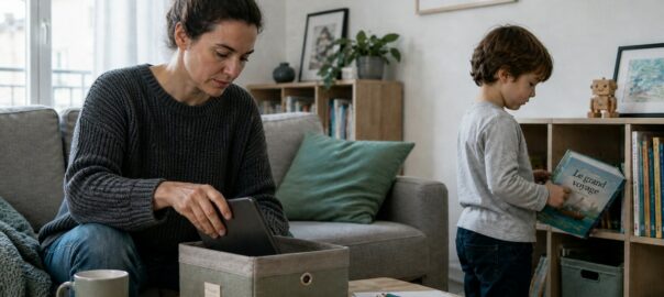 Maman lisant un livre avec son enfant de 4 ans, ambiance lumineuse neutre, palette sage et beige doux