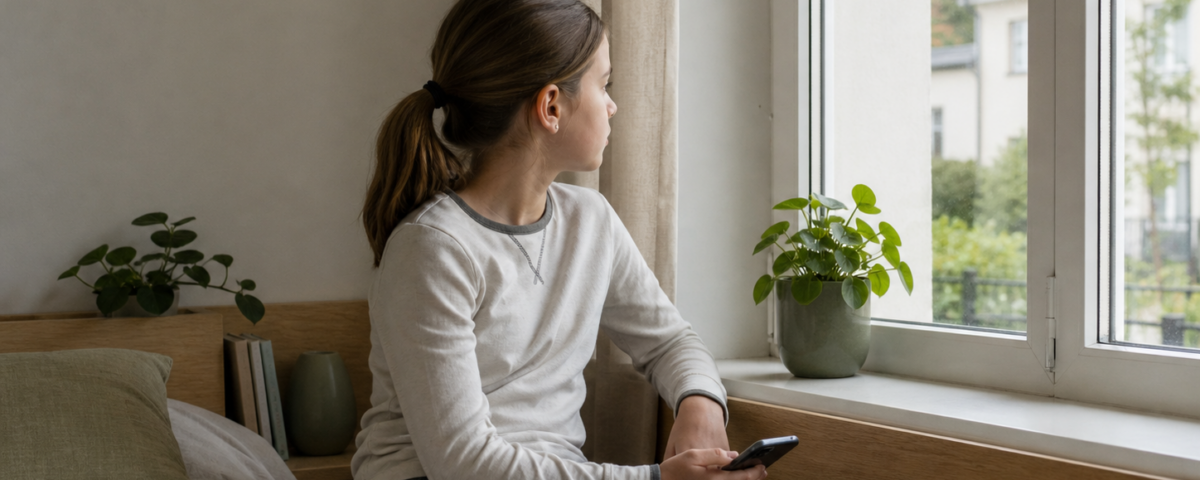 Pre-ado seul de profil pres d'une grande fenetre lumineuse, smartphone tenu detendu sur les genoux, regard tourne vers l'exterieur, palette neutre off-white et vert sauge, ambiance calme