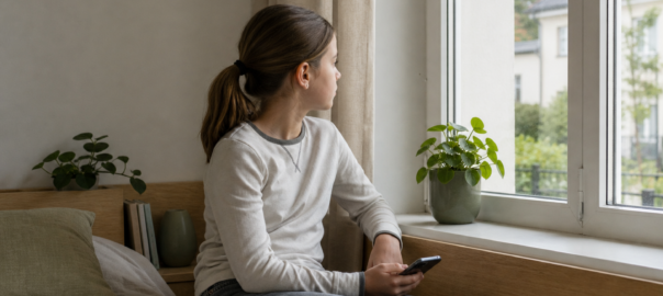 Pre-ado seul de profil pres d'une grande fenetre lumineuse, smartphone tenu detendu sur les genoux, regard tourne vers l'exterieur, palette neutre off-white et vert sauge, ambiance calme